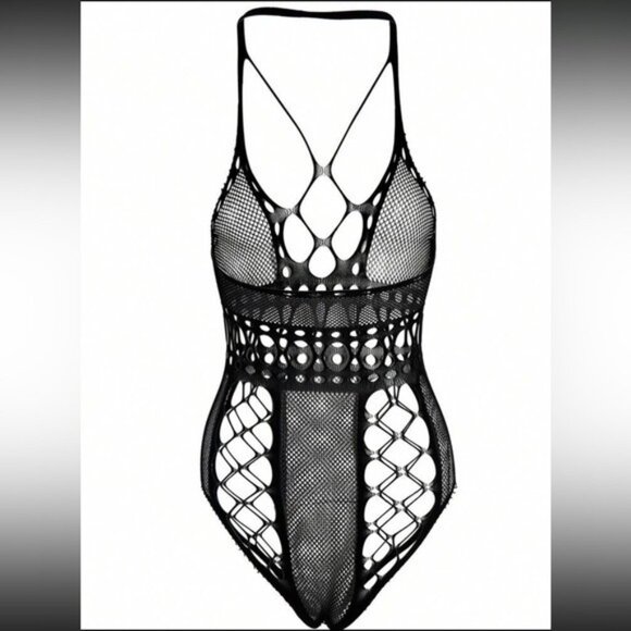 Black Fishnet One Piece Lingerie Bodysuit - Picture 2 of 4